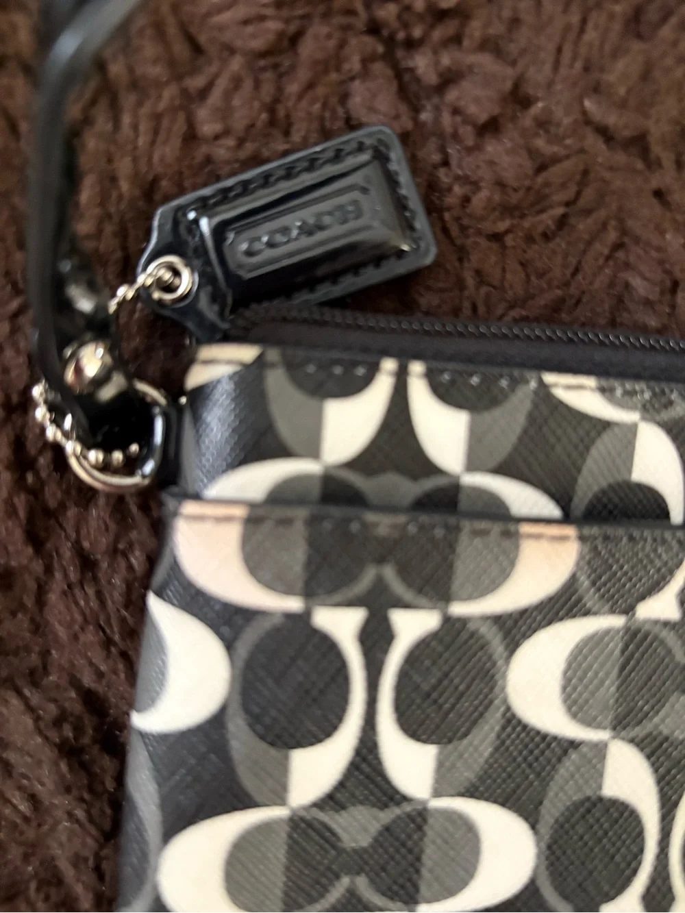 Coach Black and White Signature Leather Logo Wristlet